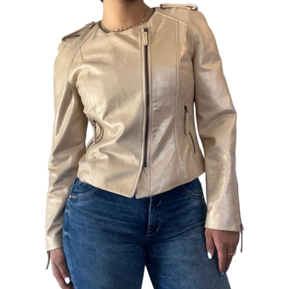 The Wrights Women’s Beige-Gold Leather Jacket